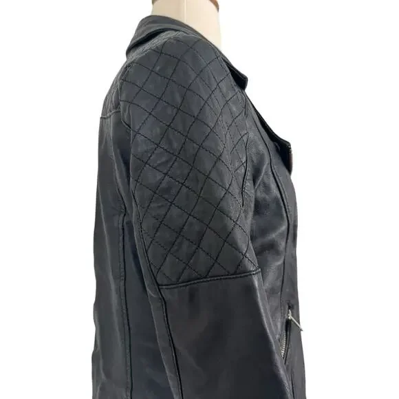 Vintage RIVER ISLAND Quilted Leather Moto Biker Black Jacket Size UK 12 US 8 - Picture 8 of 14